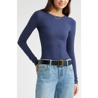 BP. Ribbed Long Sleeve T-Shirt in Navy Indigo at Nordstrom, Size Xx-Small