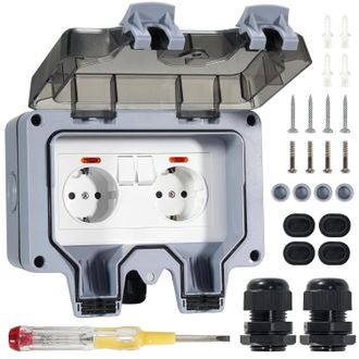 OEM Enchufe Exterior Impermeable Con Interruptor Individual: Enchufe Doble Con Tapa Abatible, 34 Mm De Profundidad, Totalmente Equipado, Ideal Para Jardin