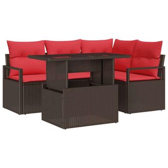 vidaXL Conjunto De Sof&aacute; De Jard&iacute;n 5 Pcs Marr&oacute;n Y Rojo Rat&aacute;n Sint&eacute;tico Vidaxl
