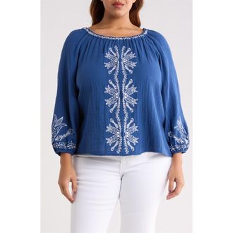 Liverpool L.A. Embroidered Cotton Peasant Top in Liberty Blue at Nordstrom, Size 2 X