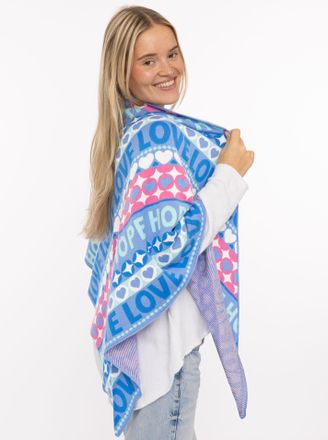 Zwillingsherz Dreieckstuch ZWILLINGSHERZ Jahrmarkt, Damen, blau pink, Strick, Materialmix, gemustert, mehrfarbig, Modet&uuml;cher Dreieckstuch, Schriftzug, farbenfroh, w