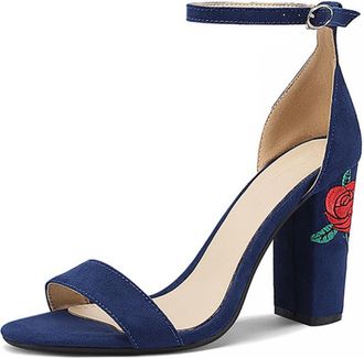 Generic Womens Open Toe Wedding Sandals Faux Suede Bridal Shoes with Embroidery Block High Heel Evening Party Prom Pumps,Navy,6.5 UK