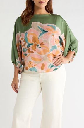 Wit & Wisdom Abstract Floral Peasant Sleeve Top in Basil Multi at Nordstrom, Size 3X