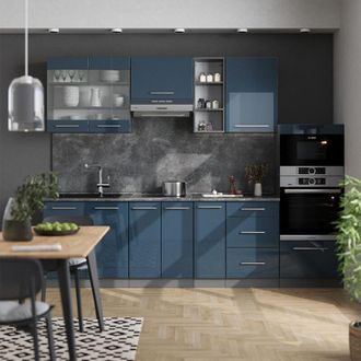 Vicco Mueble De Cocina Fame-line, Azul Oscuro Alto Brillo/antracita, 280 Cm Sin Encimera