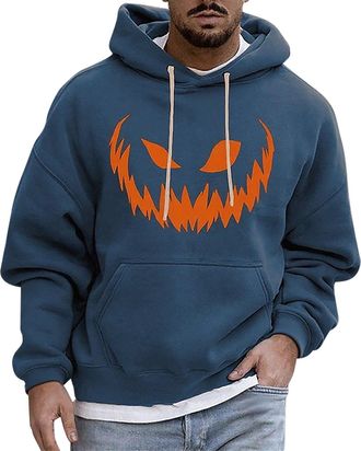 Generic Halloween Hoodies for Men Funny 3D Print Fleece Hooded Sweatshirt Long Sleeve Costumes Fall Winter Pullover Tops with Pocket, Z05-Navy, L