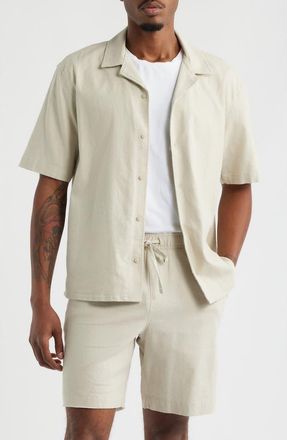 Open Edit Stretch Linen Blend Camp Shirt in Beige Birch at Nordstrom, Size Xx-Large
