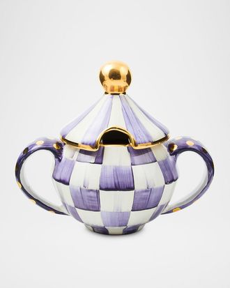 MacKenzie-Childs Violet Check Ceramic Sugar Bowl with Lid