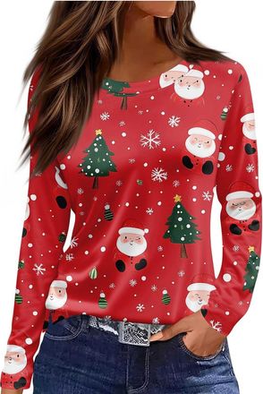 Generic 2025 Christmas Tops for Women UK Casual Long Sleeve Crewneck Lightweight Shirts Fall Trendy Xmas Tree Snowflake Print Blouse Dressy Comfy Loose Fit T-