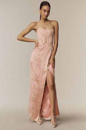 V. Chapman June Printed Corset Front-Slit Satin Gown