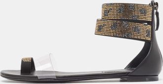 Casadei Black/gold Leather And Pvc Vinil Ankle Strap Sandals