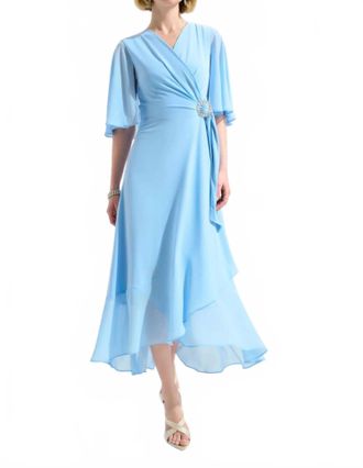 Joseph Ribkoff Cape Sleeves High Low Wrap Dress In Sky Blue