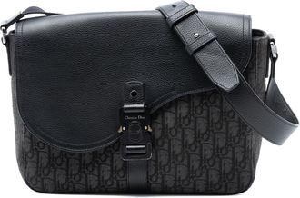 Dior Voorafbezit Medium Oblique Canvas en Geweven Kalfsleer Zadel Schoudertas Met Flap