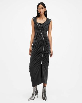 AllSaints Womens Cupro Umbra Draped Zip Slim Fit Dress, Size: UK 16/US 12