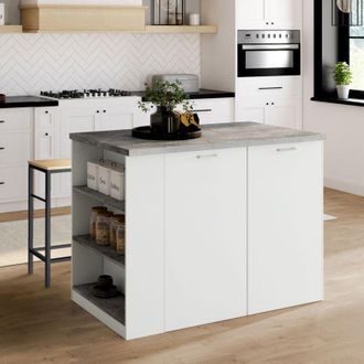 IDMarket Tibo 120 Cm Isla De Madera Blanca Con Encimera Efecto Hormig&oacute;n