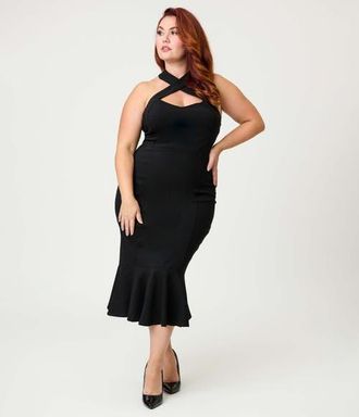 Unique Vintage Plus Size Penelope Wiggle Dress in Black Solid at Nordstrom, Size 1X