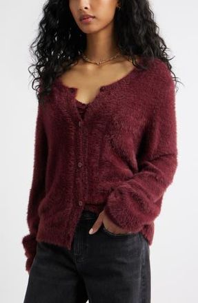 BP. Fuzzy Scoop Neck Cardigan in Burgundy Tannin at Nordstrom Rack, Size Xx-Small