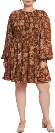 Flying Tomato Smocked Long Sleeve Fit & Flare Dress in Brown at Nordstrom Rack, Size 1 X