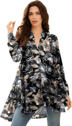 Roaman's Hand Crinkled Fit And Flare Tunic in Black Painterly Roses at Nordstrom, Size 36