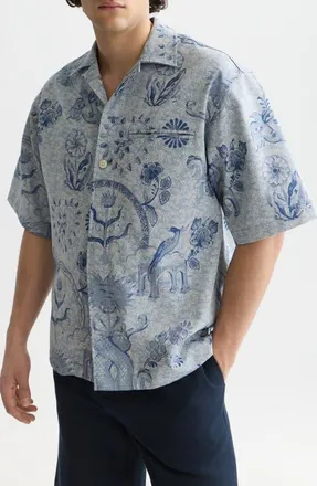 Scotch & Soda Loose Fit Cotton Camp Shirt in Delft Tiles Blue at Nordstrom, Size X-Large
