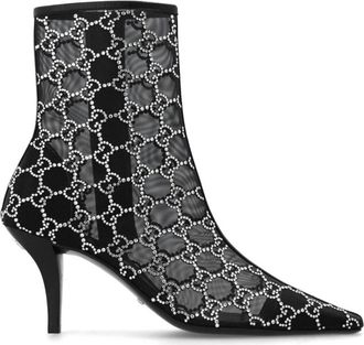 Gucci Heeled Boots, female, Black, 3 UK, Crystals-embellished Pointed-toe Mesh Ankle Boots