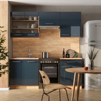 Vicco Mueble De Cocina Fame-line, Azul Oscuro Alto Brillo/roble Dorado, 200 Cm, Et M&aacute;rmol