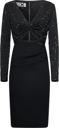 John Richmond Midi Jurk met Gedrapeerd Bustier en Diepe Halslijn - Dames - Feestkleedjes - Zwart - XS - Kleedjes