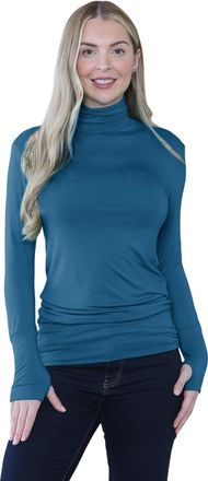 Janisramone Plain Long Sleeve Gym Tops Women with Thumb Hole and High Polo Neck, Plain Stretch Running Top Womens, Pull Over Soft Yoga Tops for Women UK Teal