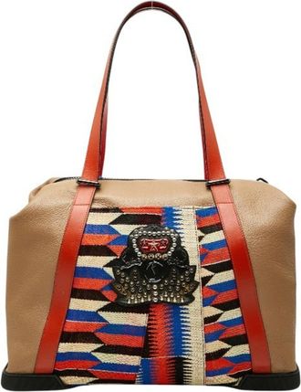 Christian Louboutin Beige Multi-Color Orange Leather Canvas Rubber Boston Bag Tote Bag (Pre-Owned)