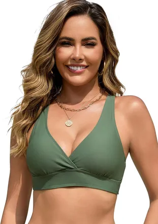 SHEKINI Womens Sporty Underwire Bikini Top Adjustable Wide Straps Criss Cross Back Removable Padded Swimwear Top Only(Olive Green,XL)