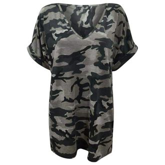 Generic Womens Ladies Baggy Loose FIT V Neck Turn UP Short Sleeve TOP T Shirts 8-26 Camouflage Grey