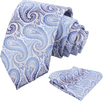 Alizeal Mens Paisley Jacquard Necktie and Pocket Square Classic Retro Business Casual Tie Set, Light Blue
