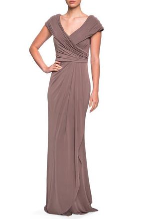 La Femme Ruched Jersey Long Gown with V-Neckline in Cocoa at Nordstrom, Size 16