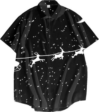 Generic Mens Christmas Shirt Mens Xmas Shirts 2024 Trendy Mens Casual Printed Short Sleeved Shirt Christmas Fashion Funny Tshirts (Black, XXXXXXXXL)