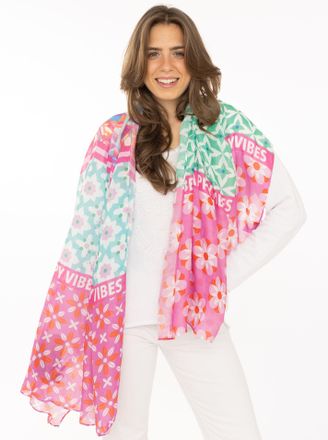 Zwillingsherz Schal ZWILLINGSHERZ Flower Block, Damen, multi, Web, Polyester, Modet&uuml;cher Schal, Florales Muster mit Schriftzug, transparent