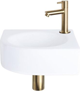 Differnz Cleo fonteinset - 30x30x10cm - Kwartrond - 1 kraangat - Recht matte goude kraan - Keramiek Wit