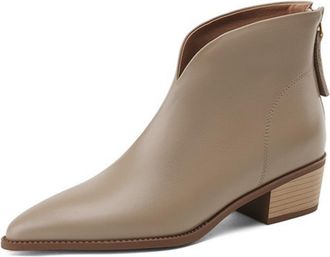 Generic Womens Pointed Toe PU Leather Ankle Boots Back Zipper Tassel Detail Low Block Heels Slip On Sharp Stitching Soft Lining Durable Outsole,Beige,4.5 UK