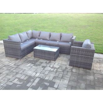 Fimous Pe Rattan Corner Sofa Set Outdoor Garden Furniture Oblong Coffee Table Chair in Dark Grey