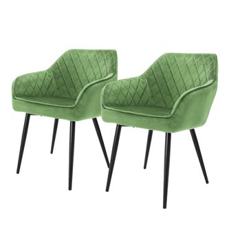 ML Design Set 2x Sillas De Comedor Verde Salvia Estilo Moderno Asiento Tapizado Aspecto De Terciopelo Patas De Metal Negras Con Respaldo Y Apoyabrazos Sill&oacute;n Mo