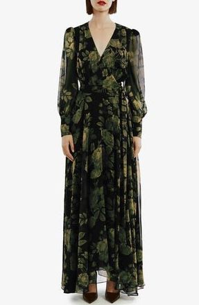 Bardot Lucianna Long Sleeve Maxi Wrap Dress in Green Floral at Nordstrom Rack, Size 6
