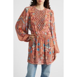 Farm Rio Boho Enchance Long Sleeve Floral Minidress in Boho Enchance Mocha at Nordstrom, Size Xx-Small