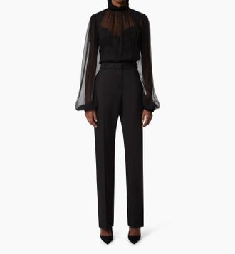 Nina Ricci Ruffled High Neck Crinkled Silk Muslin Top In Black
