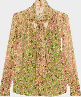 Burberry Lila Floral Silk Scarf-Tie Blouse