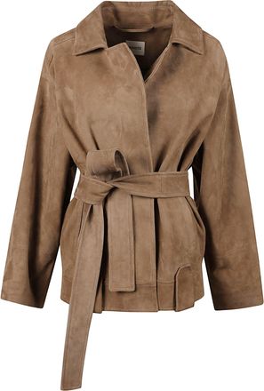Khaite Brown Suede Jacket with Belted Waist and Cropped Silhouette
