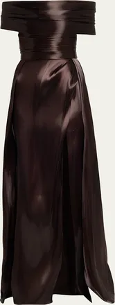 Pamella Roland Liquid Organza Off-The-Shoulder Slit Gown