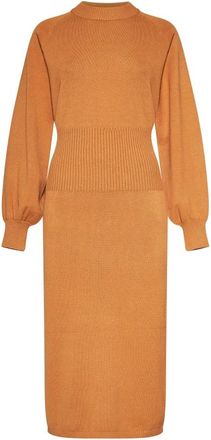 Silvian Heach Midi Jurk met Ballonmouwen - Dames - Kleedjes - Bruin - M - Polyester - Kleedjes