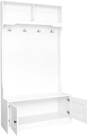 STILVORA Mueble De Entrada Con 2 Puertas, 2 Compartimentos Abiertos, 4 Ganchos Y Banco Con Almacenaje Para Recibidor En Tablero De Part&iacute;culas Blanco 101.5&times;183 