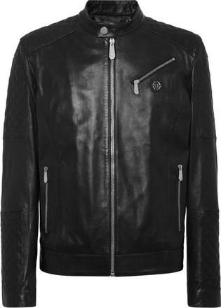 Philipp Plein Jassen, Heren, Zwart, L, Leer, Padded Leather Moto Bomber
