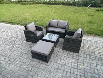 Fimous Wicker PE Rattan Garden Furniture Set Outdoor Lounge Sofa Set with Love Sofa Square Coffee Table Big Footstool in Dark Grey