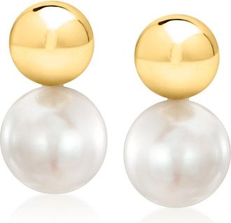 Ross-Simons 5mm 14kt Yellow Gold Bead and 6-6.5mm Cultured Pearl Earrings