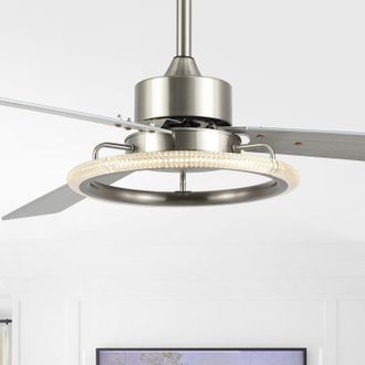Jonathan Y Designs Remy 52 1-Light Modern Industrial Iron/Acrylic/Wood Remote-Controlled 6-Speed Integrated LED Ceiling Fan, Silver/Ashwood